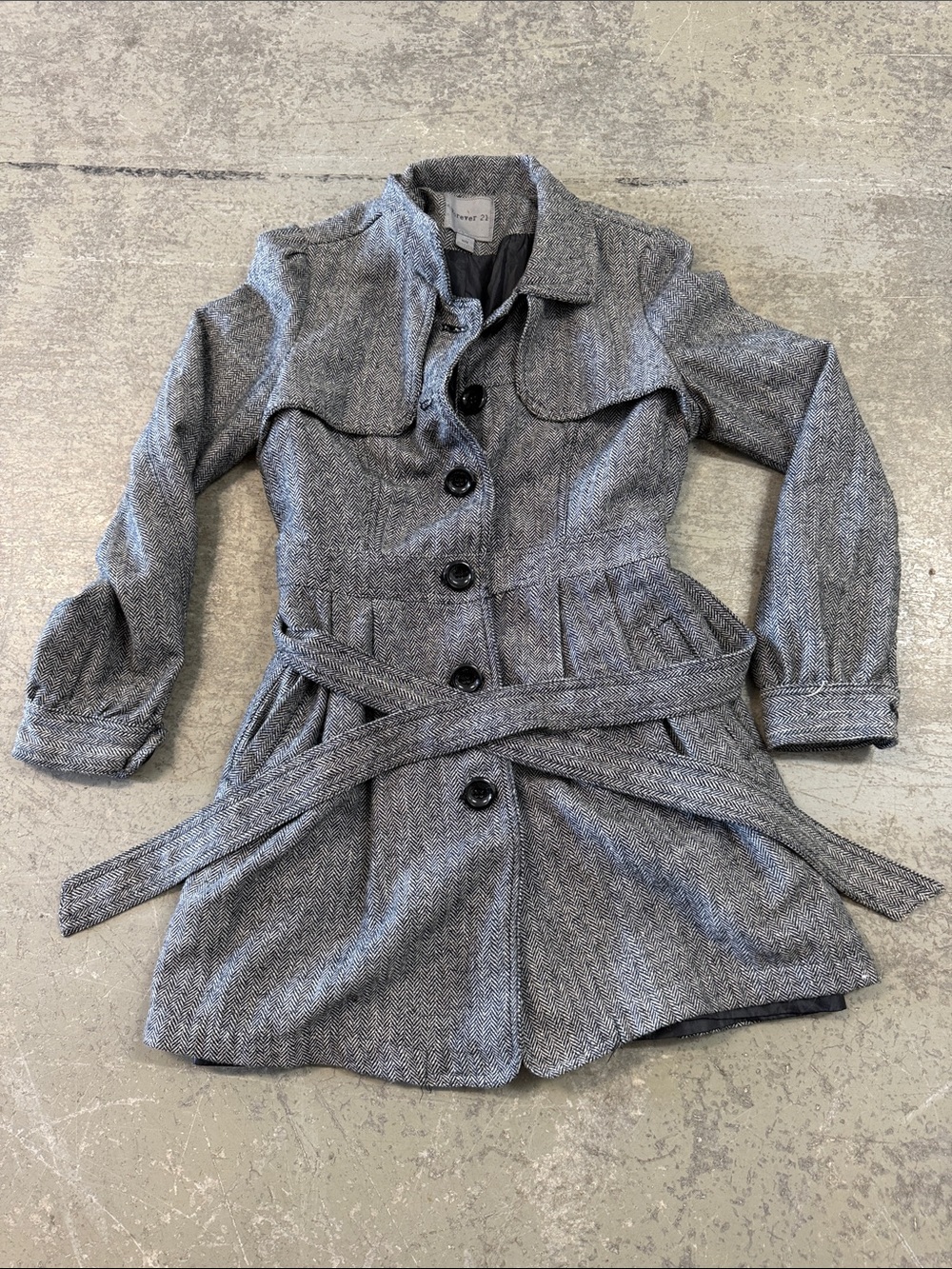 Forever 21  Gray Herringbone Button-Front Pea Coat with Waist Tie